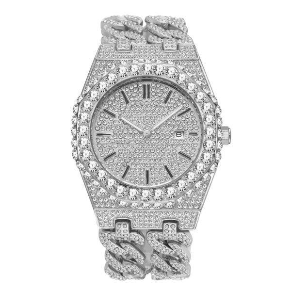 Men's Hip Hop Iced Diamond Fashion Cuban Link Chain Quartz Clock - Image 4